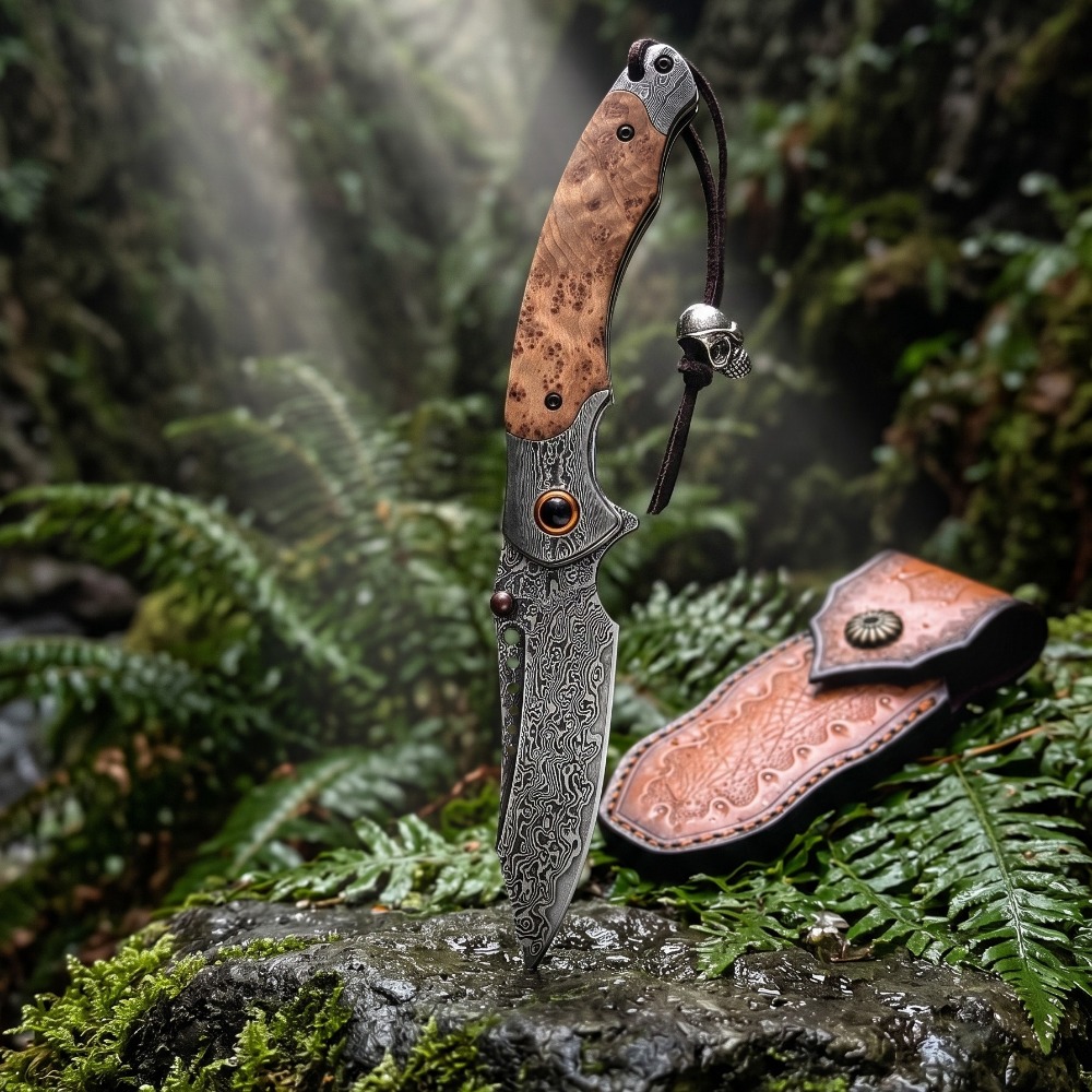 Vintage Collectible Knives - Pisau Lipat Pola Damaskus Kekuatan Tinggi